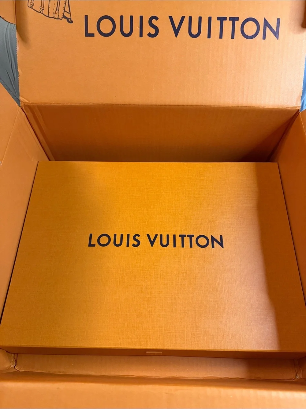 Louis Vuitton Orange Signature Gift Box, Ribbon, and Tissue Mailed in a LV box.